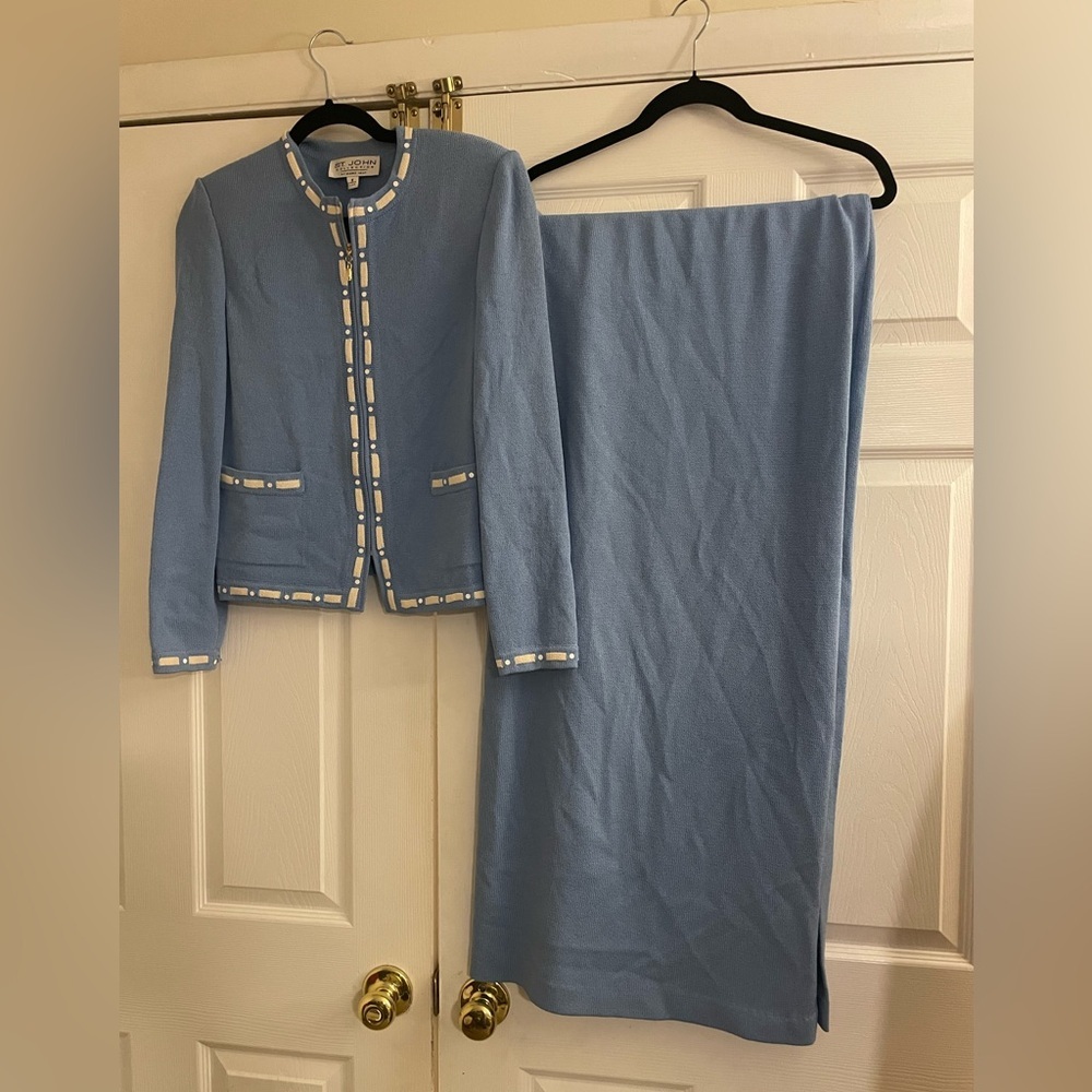 St. John Blue and white classic old money Two-Piece maxi knit Skirt Suit size 6